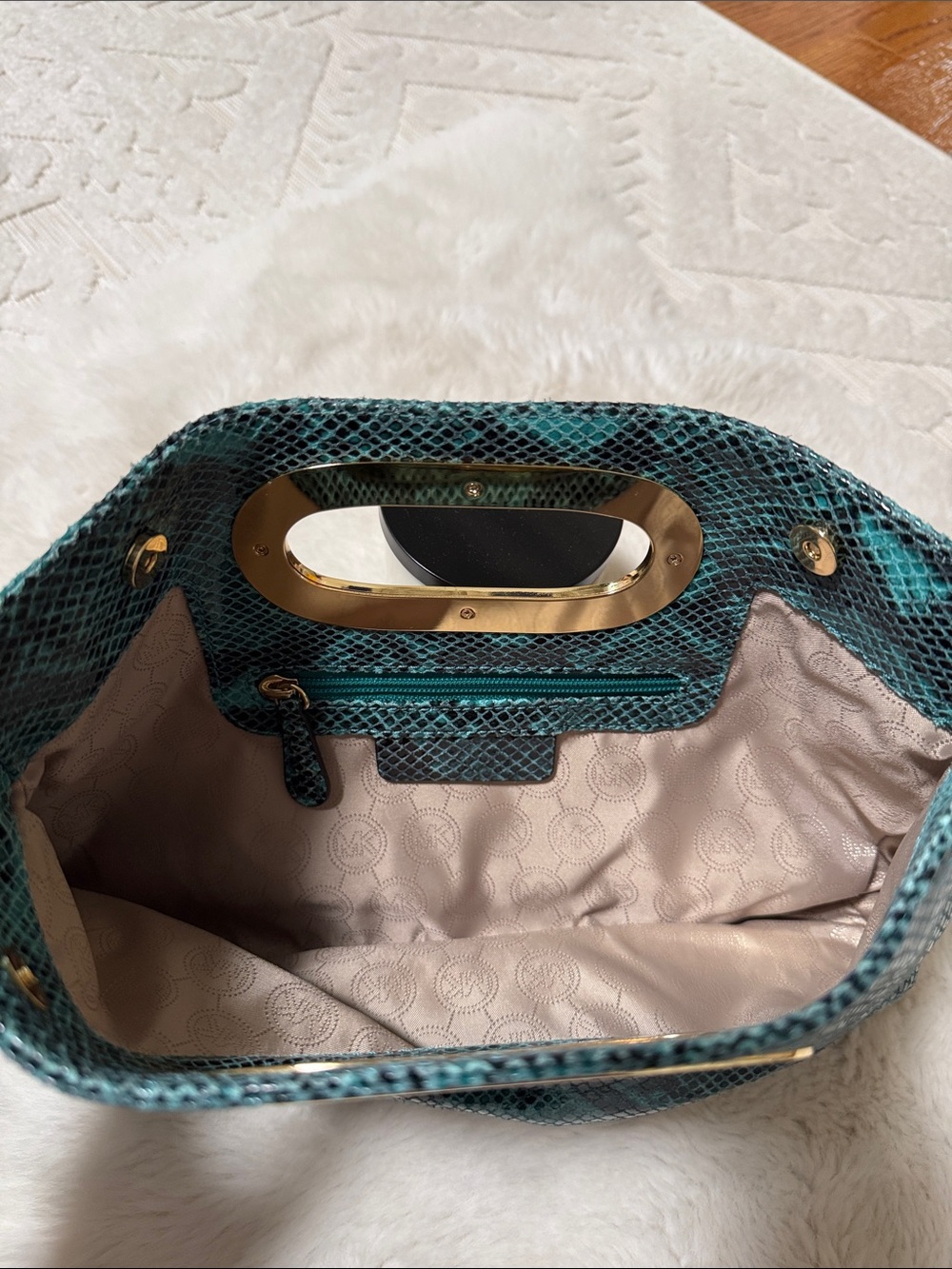 MICHAEL Michael Kors Teal Snake-Print Clutch with Gold-Tone Cutout Handle - Picture 3 of 3